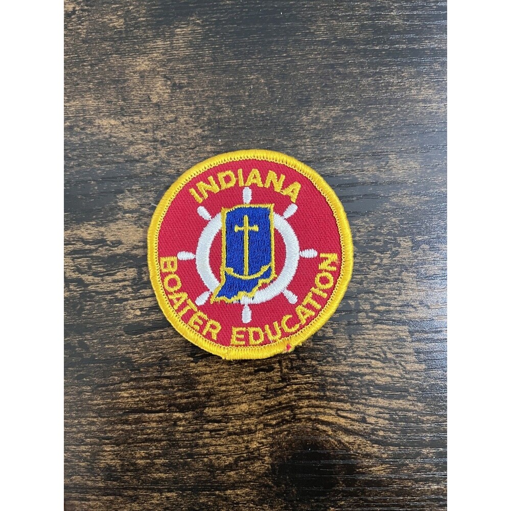Vintage Indiana Boater Education Patch Red Round Embroidered Cloth IN Souvenir
